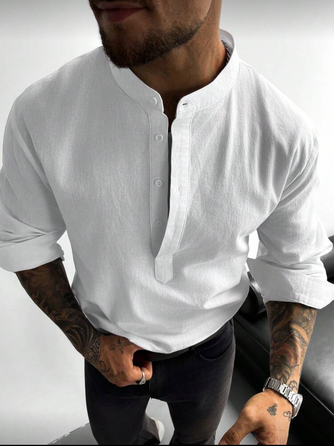 M - Camisa manga larga cuello mao